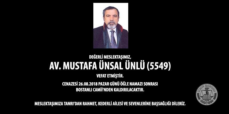 Değerli Meslektaşımız Av. Mustafa Ünsal Ünlü (5549) Vefat Etmiştir. Değerli Meslektaşımız Av. Mustafa Ünsal Ünlü (5549) Vefat Etmiştir.